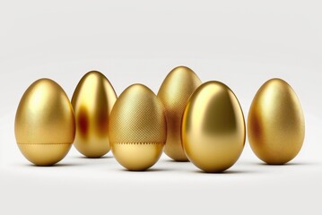 Easter golden decorated eggs stand in a row on white background. Ai generative.