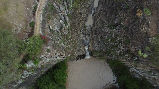 Drone view of the basaltic prisms, where the prismas of Hidalgo and the ranch of Santa Maria Regla. Huasca. Magical town.