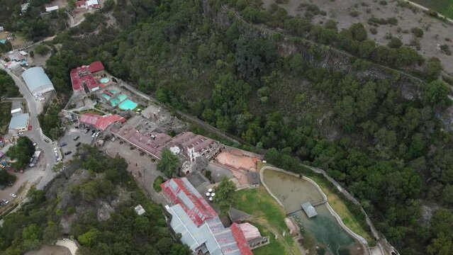 Drone view of the basaltic prisms, where the prismas of Hidalgo and the ranch of Santa Maria Regla. Huasca. Magical town.