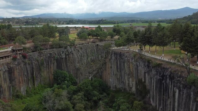 Drone view of the basaltic prisms, where the prismas of Hidalgo and the ranch of Santa Maria Regla. Huasca. Magical town.