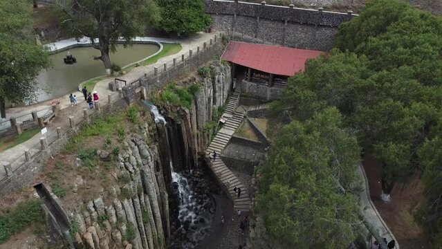 Drone view of the basaltic prisms, where the prismas of Hidalgo and the ranch of Santa Maria Regla. Huasca. Magical town.