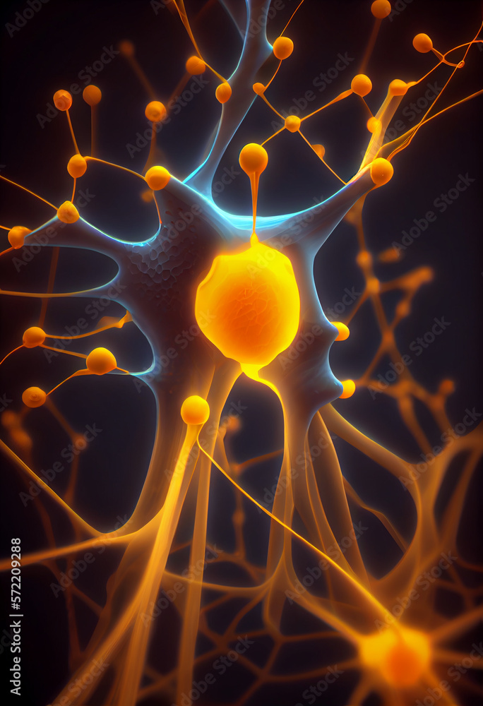 Fototapete Connecting nerve cells that emit a orange light. The notion of an artificial neuron in artificial intelligence. 