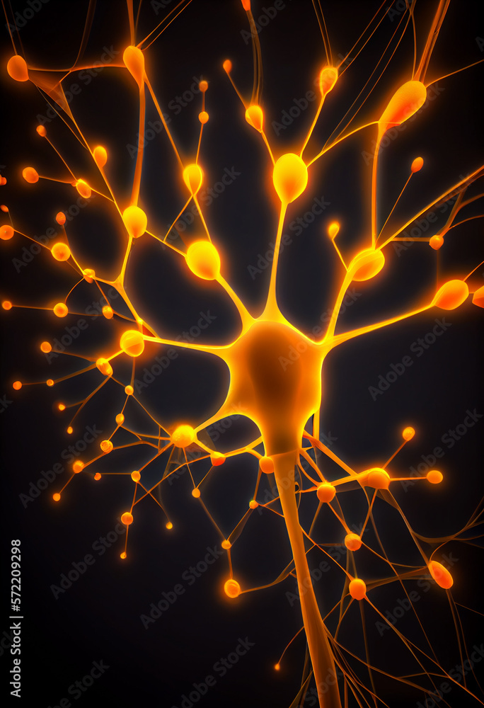 Fototapete Connecting nerve cells that emit a orange light. The notion of an artificial neuron in artificial intelligence. 