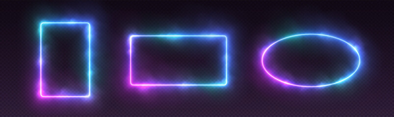 Neon frames with smoke, gradient glowing borders with fog, futuristic LED banners. Realistic isolated tech background elements. Vector illustration.