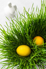 Colorful Easter eggs in the grass and cute bunnies, searching for eggs on Easter day, top view, copy space