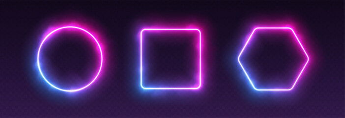 Fototapeta na wymiar Gradient neon frames with smoke, led borders with mist effect, transparent glowing haze. Avatar frames for game, futuristic UI design elements. Circle, square and hexagon vector decorations.