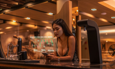 Fototapeta na wymiar Beautiful business woman sitting in coffee shop using smartphone monitoring with financial graphs and stock statistics is business financial and trading concept.