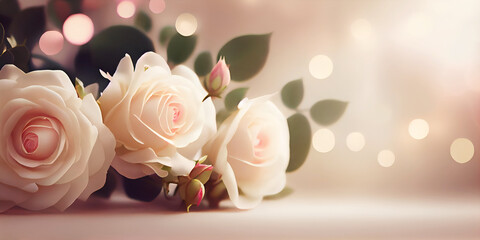 Floral feminine banner with soft pink roses and bokeh glow. Created with Generative AI technology.