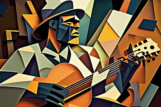 Afro-American Male Musician Guitarist Playing A Guitar In An Abstract Cubist Style Painting For A Poster Or Flyer, Computer Generative AI Stock Illustration