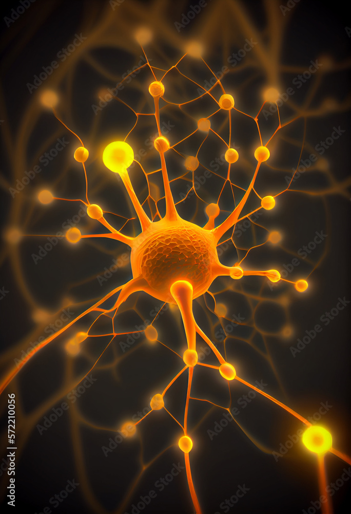 Fototapete Connecting nerve cells that emit a orange light. The notion of an artificial neuron in artificial intelligence. 