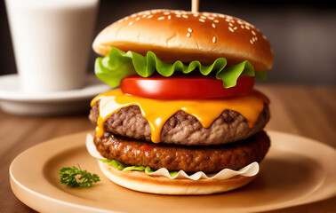 Beautiful appetizing Burger, close-up side view - Studio shot with tasty American Sandwich. Generative AI.