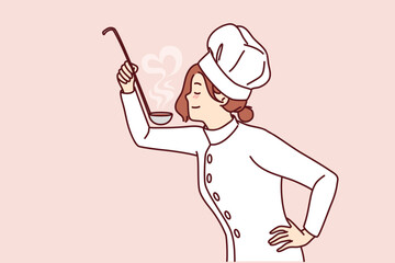 Woman cook with ladle in hand tries soup or sauce from menu preparing dish for restaurant guests. Girl in uniform and cook chef hat cooks food enjoying favorite job in cafe or diner 