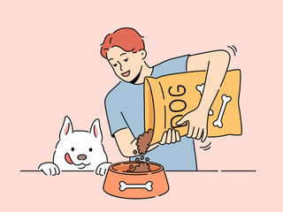 Smiling man giving food from package to excited dog. Happy guy feed pet with packaged meal. Vector illustration. 