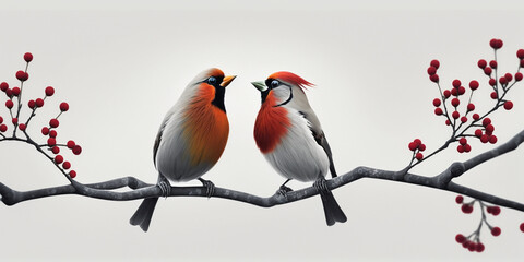 beautiful two birds on a branch with grey background