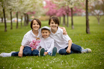 Fototapeta premium Beautiful family with kids, mom, dad, three boys and a dog, playing in park together