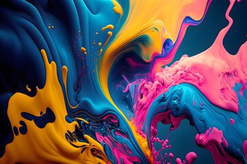 Abstract 3D Background. Abstract fluid background. vivid blue, pink and yellow colors splash effect, Generative AI