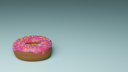 3D render of a donut with pink icing and sprinkles on a blue background with space for text. Bright tasty donuts for creating menu designs, restaurants and cafes, online delivery platforms.