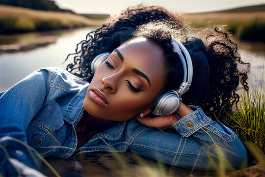 Photo of a black young woman with headphones lying in grass next to a river relaxing enjoying the sun and music,  illustration Generative Ai
