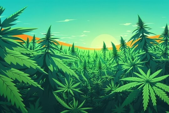 Cannabis farm field, green leave illustrations image generative ai