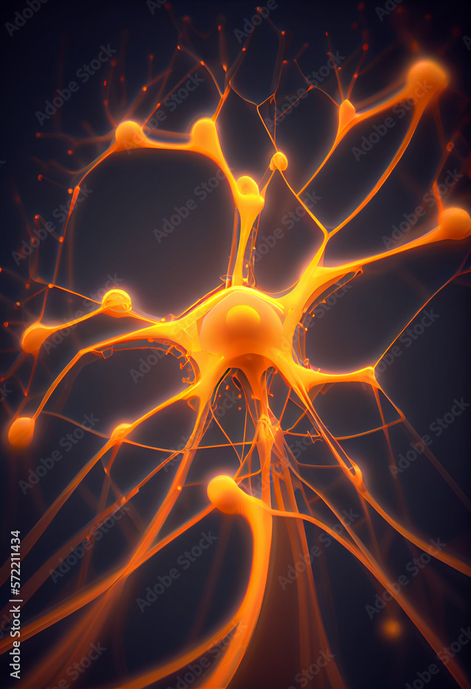 Fototapete Connecting nerve cells that emit a orange light. The notion of an artificial neuron in artificial intelligence. 