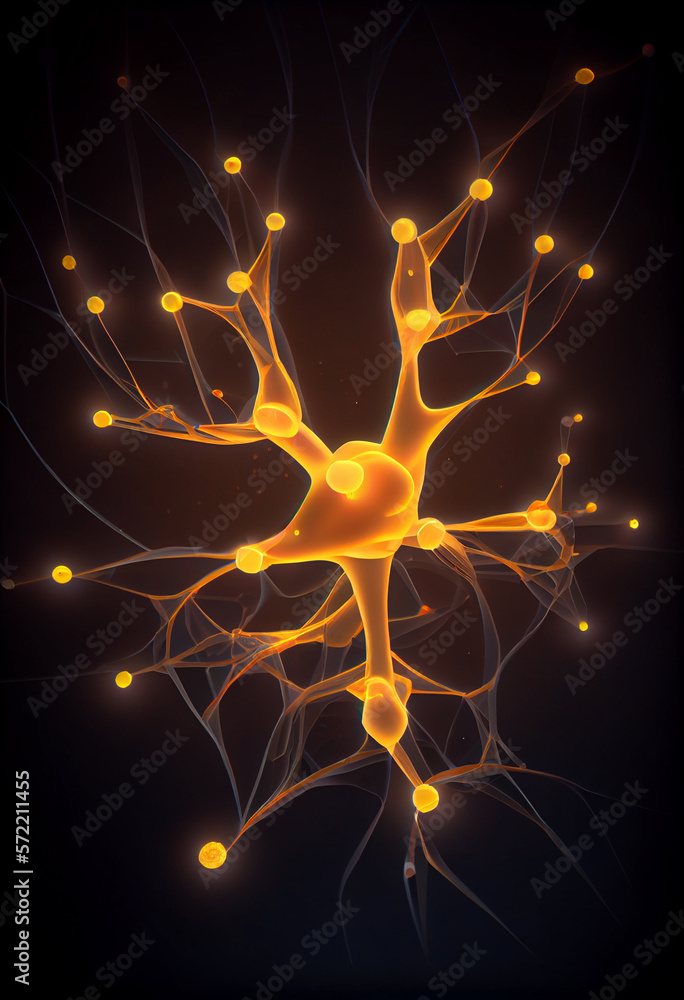 Fototapete Connecting nerve cells that emit a orange light. The notion of an artificial neuron in artificial intelligence. 