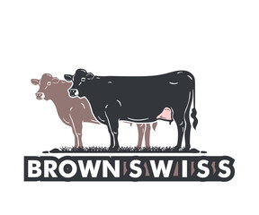 BROWN SWISS DAIRY MILK COW LOGO, silhouette of great cattle standing at farm vector illustrations