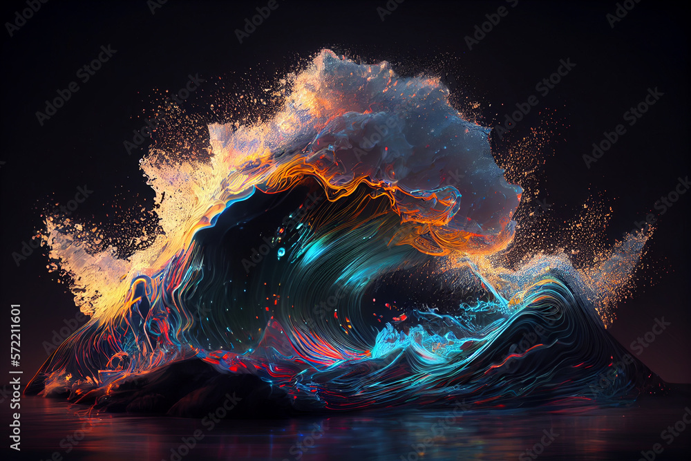 Poster sunset, landscape, minimal visualization of ocean waves.