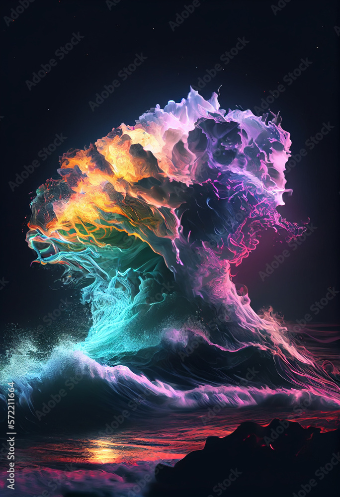 Poster sunset, landscape, minimal visualization of ocean waves.