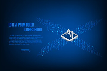 Vector isometric Artificial Intelligence text effect with cpu microchip digital and technology concept. Abstract futuristic, Hi tech background.