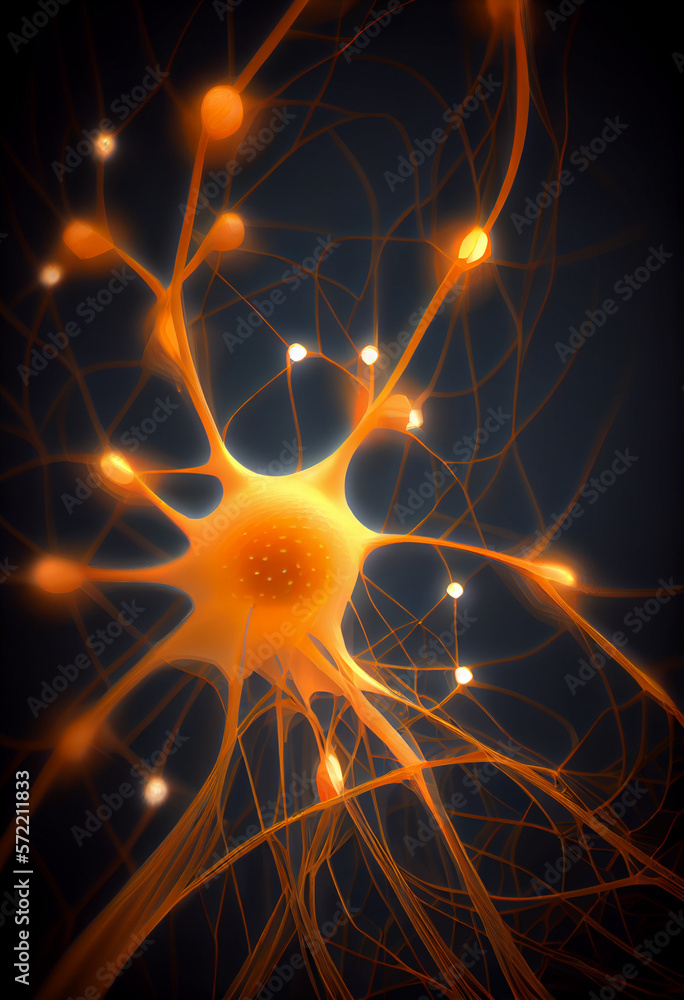 Fototapete Connecting nerve cells that emit a orange light. The notion of an artificial neuron in artificial intelligence. 