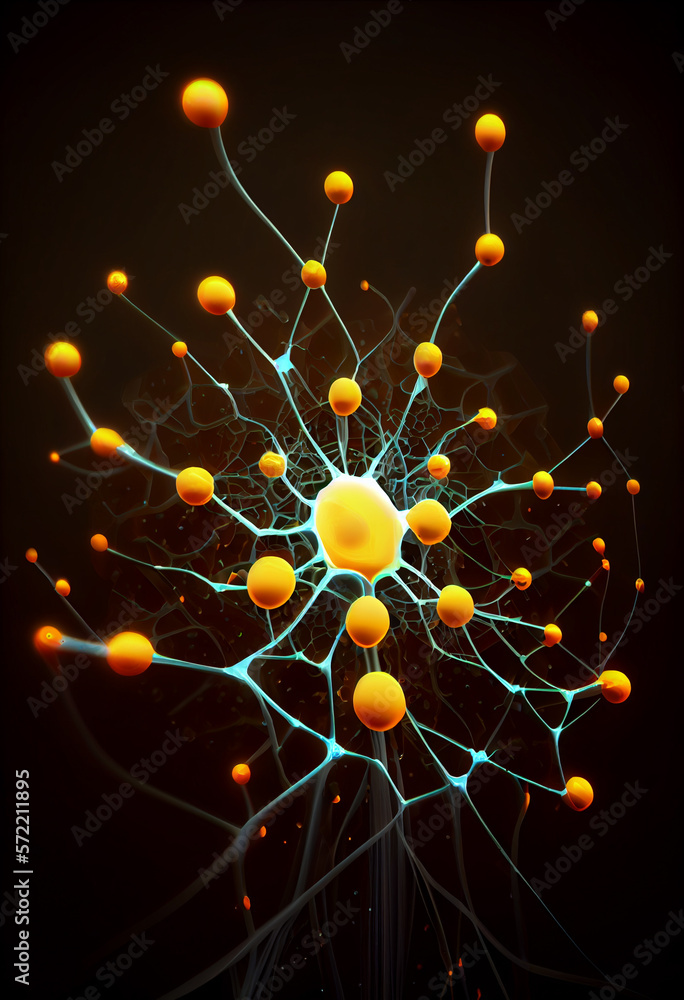 Fototapete Connecting nerve cells that emit a orange light. The notion of an artificial neuron in artificial intelligence. 