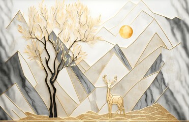 3d illustration mural wallpaper. golden gray landscape mountains with golden deers, golden waves, golden sun and mountain illustration with sun and clouds. colorful marble background, Generative AI