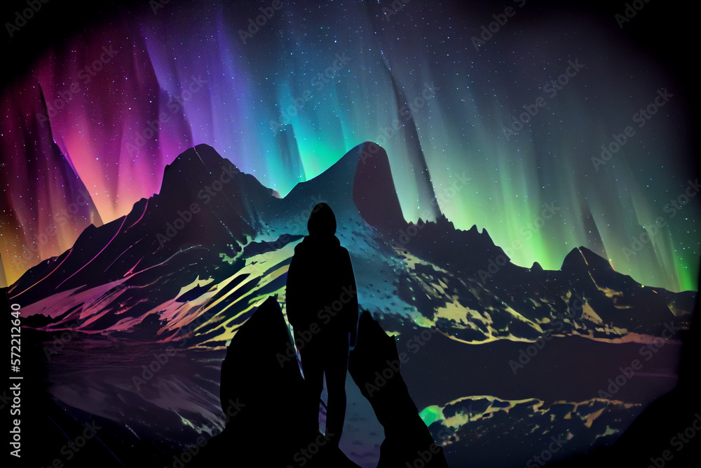 Aufkleber beautiful silhouette of a person in the geometric mountain watching the beautiful aurora borealis in