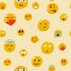 Pastel colors smile emoticons pattern. Smiley in pink, blue, yellow and beige, modern, minimal and soft design. Art for fabric, textile, giftware, wallpaper, book cover,