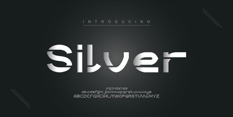 Silver digital modern alphabet new font. Creative abstract urban, futuristic, fashion, sport, minimal technology typography. Simple vector illustration with number