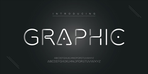 Obraz premium Graphic digital modern alphabet new font. Creative abstract urban, futuristic, fashion, sport, minimal technology typography. Simple vector illustration with number