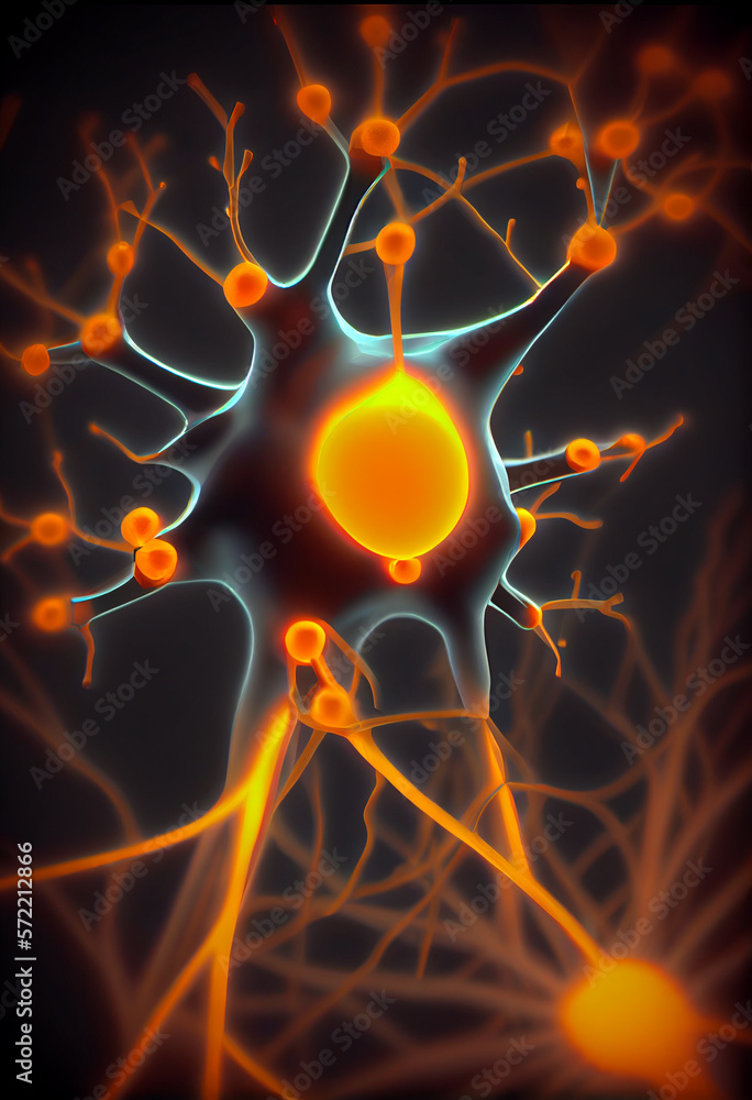 Fototapete Connecting nerve cells that emit a orange light. The notion of an artificial neuron in artificial intelligence. 