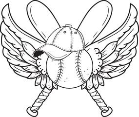 Hand drawn vector illustration. Baseball ball with wings in a cap, against the background of crossed bats. Sports logo, tattoo sketch, line art.
