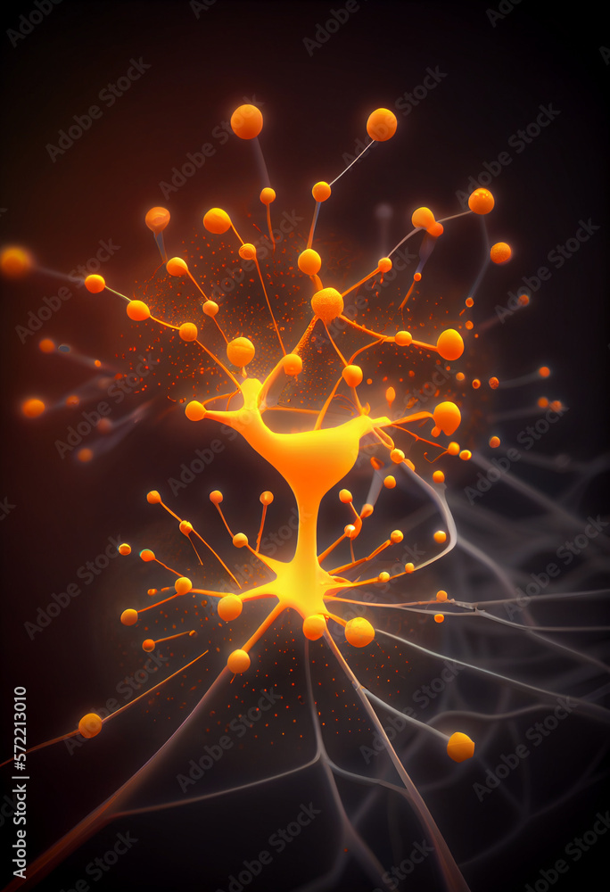 Fototapete Connecting nerve cells that emit a orange light. The notion of an artificial neuron in artificial intelligence. 