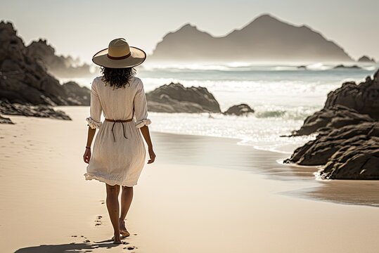 Rear view of woman walking on shore at beach. Ai generative.