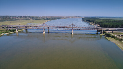Aerial view of Cernavoda Fetesti Bridge on the highway from Bucharest to Constanta in Romania over Danube River