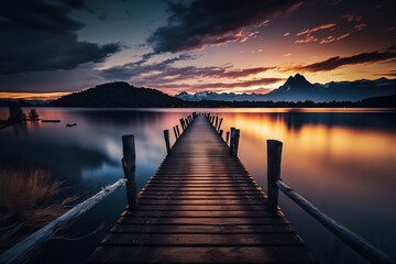 Obraz premium Perspective view of a wooden pier on the pond with an amazing sunset, with reflections on the water. inspiration concept, enjoy life, relaxing moment - Generative AI