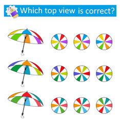 Puzzle game for children. Which top view is correct? IQ training test. Vector illustration