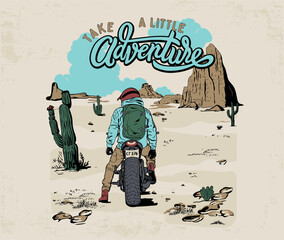 motorbike rider in desert vector illustration, desert adventure design with typography, motorcycle traveler vector, arizona landscape art