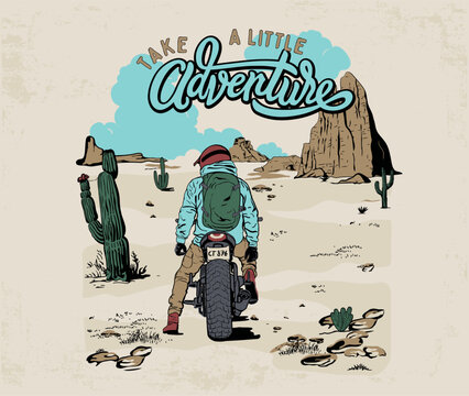 motorbike rider in desert vector illustration, desert adventure design with typography, motorcycle traveler vector, arizona landscape art