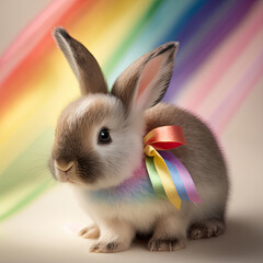 Easter bunny with rainbow bow tie and rainbow background, Generative AI