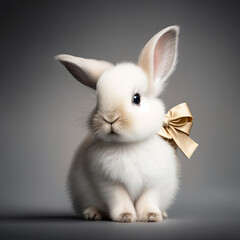 Easter bunny with gold bow tie and grey background, Generative AI