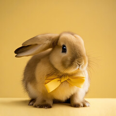 Easter bunny with yellow bow tie and yellow background, Generative AI