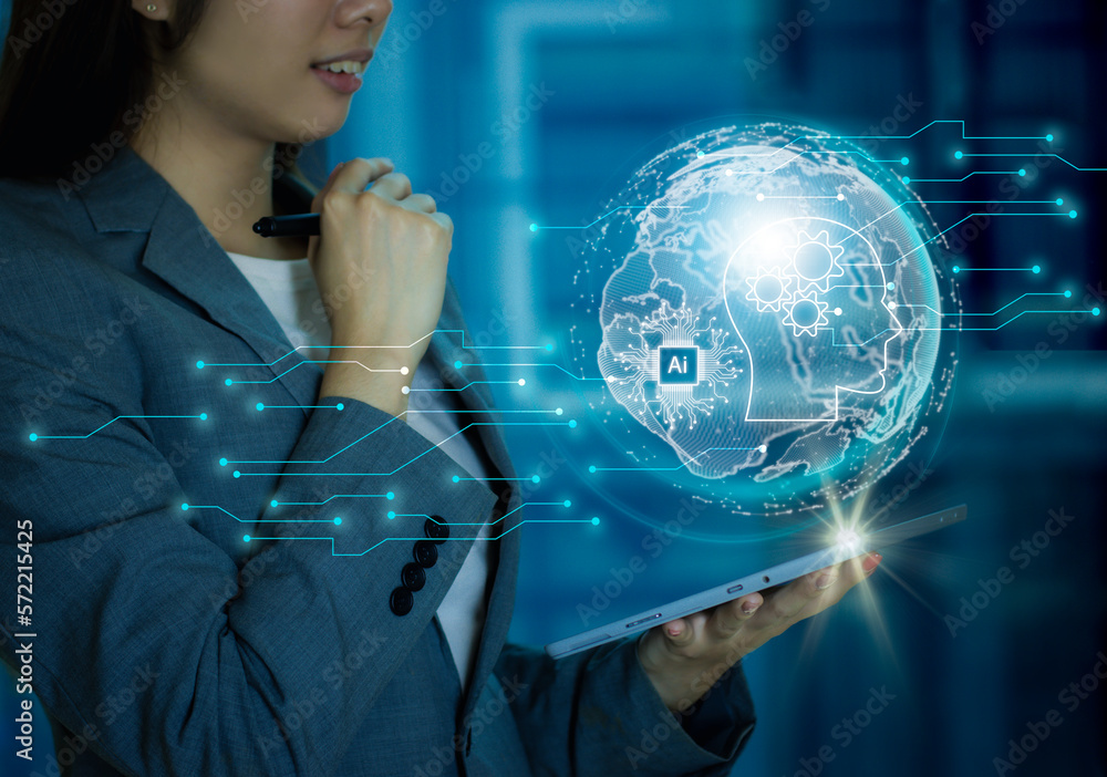 Aufkleber global internet network connection, digital business ai technology concept. businesswoman using digi