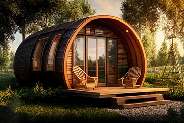Small modern and elegant barrell wooden cabin house. tiny house and garden with two sun loungers. luxury camping, glamping - Generative AI - obrazy, fototapety, plakaty